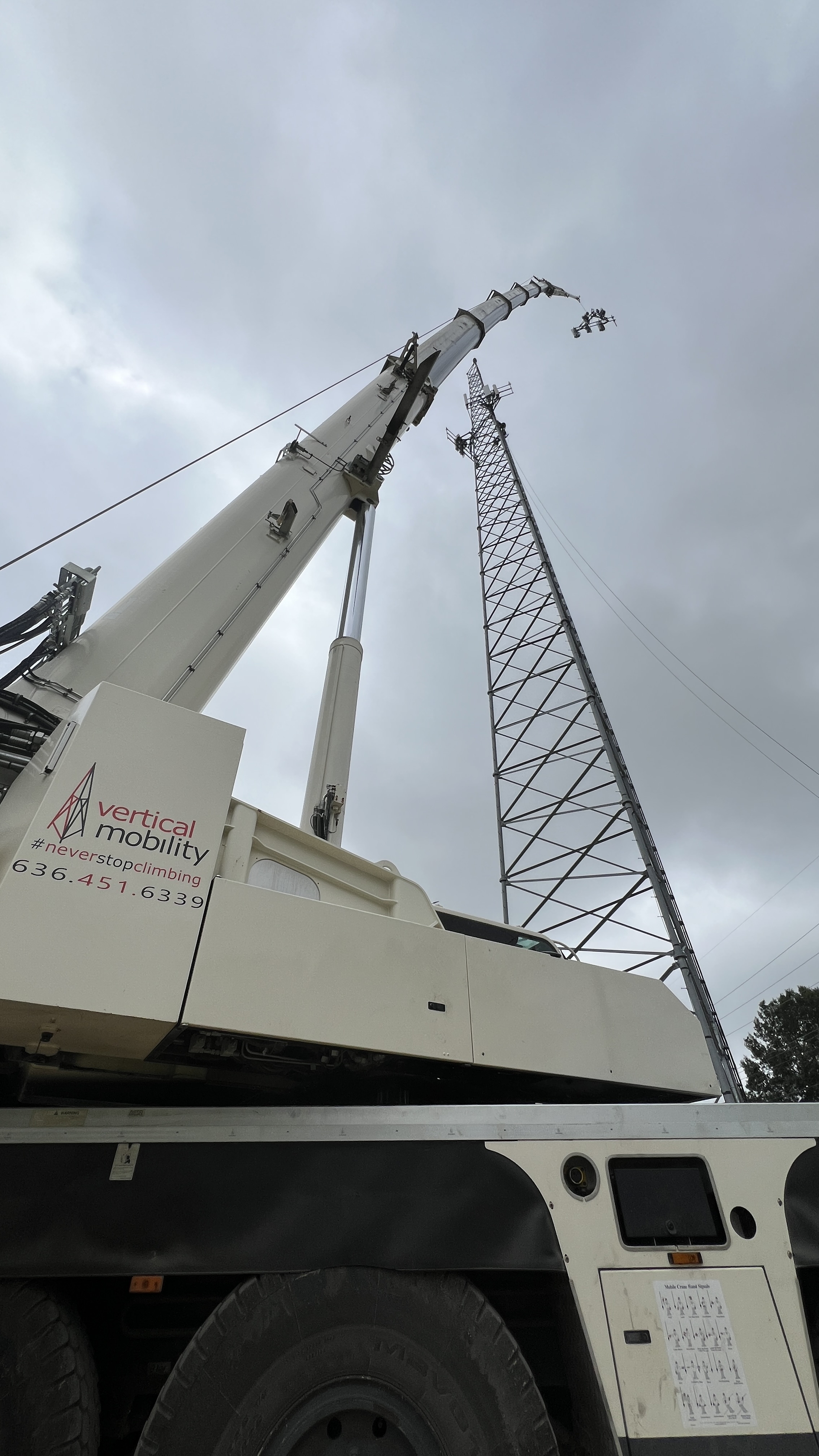 Vertical Mobility crane working near lattice tower