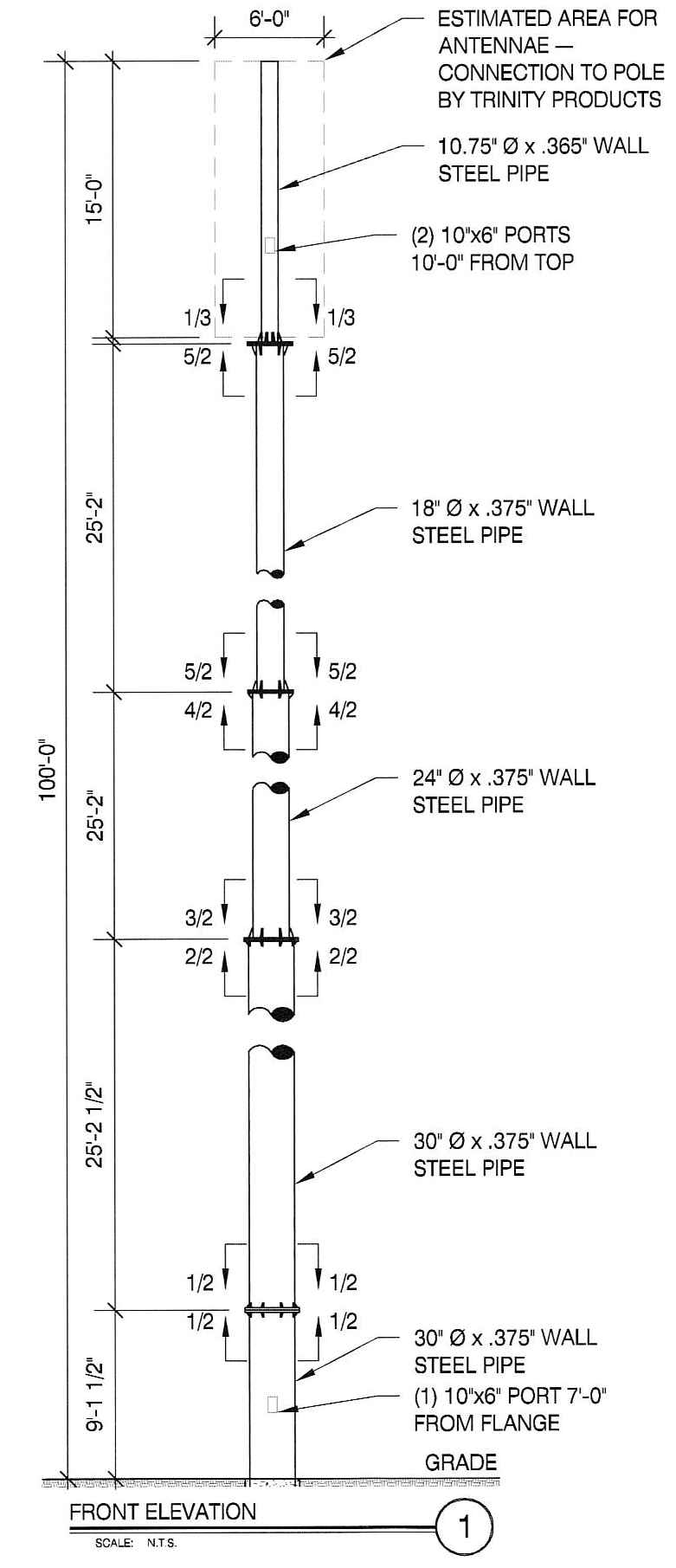 Temporary tower engineering drawing showing 100 foot direct embedment monopole